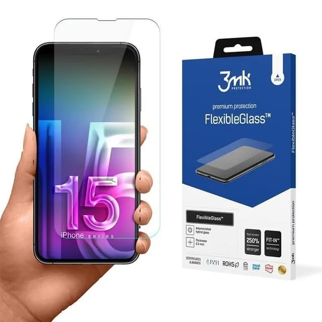 3MK iPhone 15 Hybrid Okrossbart Glas FlexibleGlass