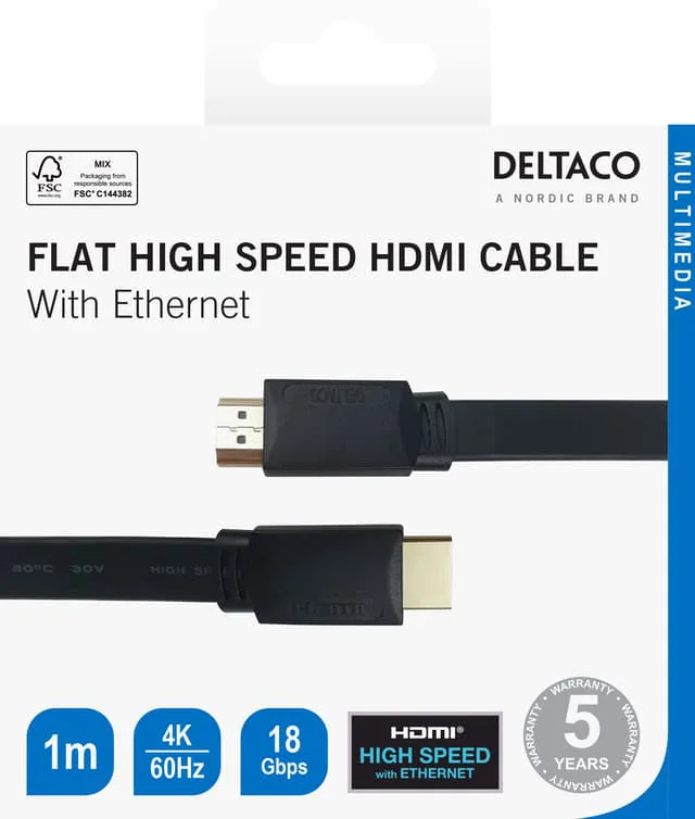 Deltaco Flat High Speed with Ethernet HDMI cable