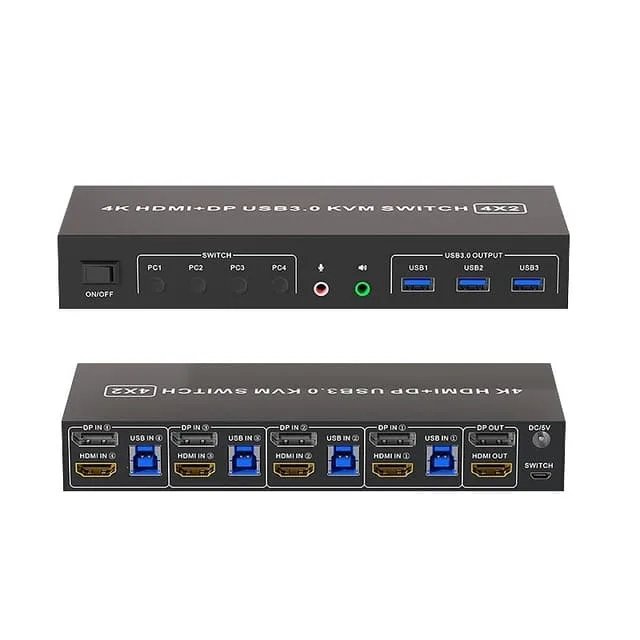 Nördic KVM 4x2-switch 4PC till dual monitor, HDMI och DP 4K60Hz, 2x3.5mm och 3xUSB-A