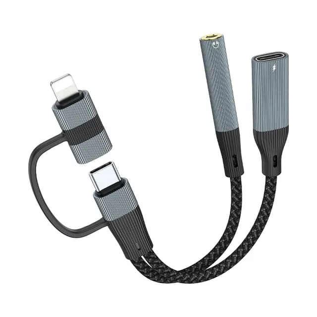 Nördic USB-C+Lightning till 3,5 mm ljudadapter, PD60W USB-C, 15 cm