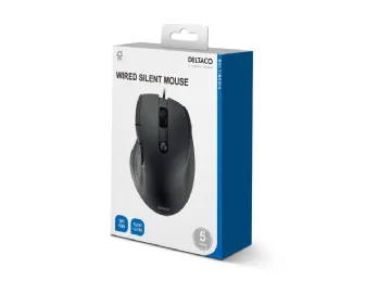 DELTACO - Mus - tyst, 600-1600 dpi, kontor - 5 knappar - kabelansluten - USB - svart - hängande låda