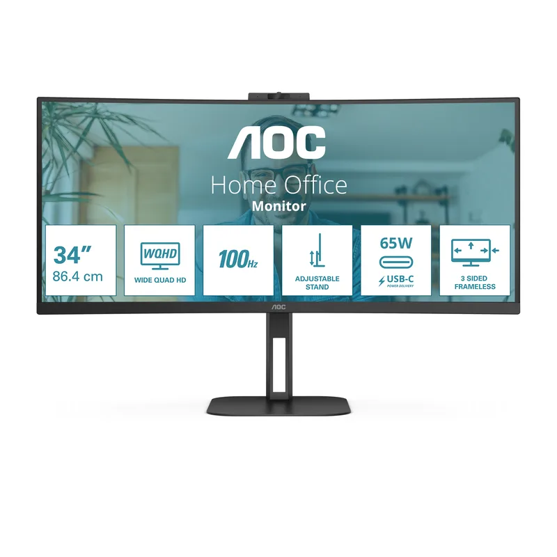 34" AOC CU34V5C, Curved VA 3440x1440, 1 ms, 100Hz FreeSync, 1500R, höjdjusterbar, HDMI/DP/USB-C 65W, USB 3.2-hubb