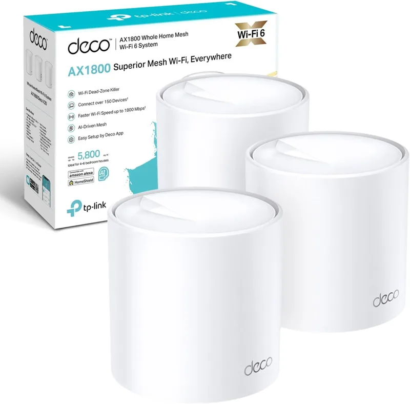 TP-Link Deco X20 AX1800 Whole Home Mesh Wi-Fi 6 System, AI-Driven Mesh, Up to 5,800 Sq ft Coverage, 1 GHz Quad-Core CPU, Compatible with Amazon Alexa, With TP-Link HomeShield's kit, Pack of 3