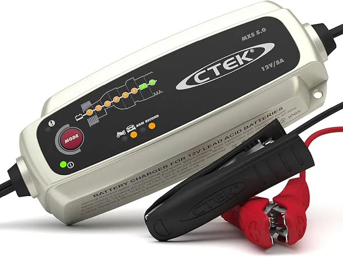 CTEK MXS 5.0, Batteriladdare 12V Med Inbyggd Temperaturkompensation, Motorcykel- Och Billaddare, Smart Batteriladdare, Batterihållare Med Rekonditioneringsläge Och Dedikerat AGM-läge