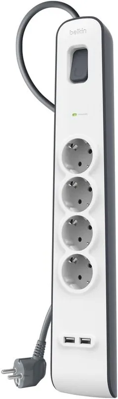 Belkin Surge Plus 4-vägs grenuttag med överspänningsskydd (inklusive 2 USB-portar med 2,4 A, 2 m kabel) vit/grå