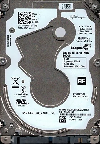 Seagate ST500LT032 500 GB hårddisk för bärbar dator, F/W 0002SDM1, P/N 1E9142-030