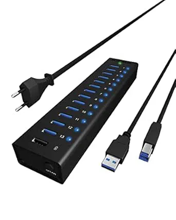 Icy Box IB-AC6113 13-vägs USB 3.0-hub med 12 V/5 A strömadapter, aluminiumhölje och USB-laddningsport svart