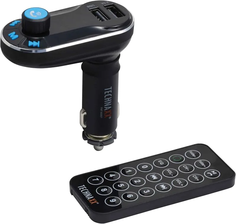 Technaxx Tyskland Bluetooth FM-sändare Musikspelare Handsfree Kit Bilradio USB Laddningsport Inbyggd mikrofon Fjärrkontroll FMT600