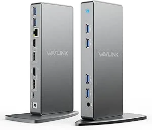 WAVLINK USB C/USB3.0 Dual 4K-skärm kompatibel med Windows och Mac OS (Dual 4K DisplayPort och HDMI, Gigabit Ethernet, ljud, 6 USB-portar)