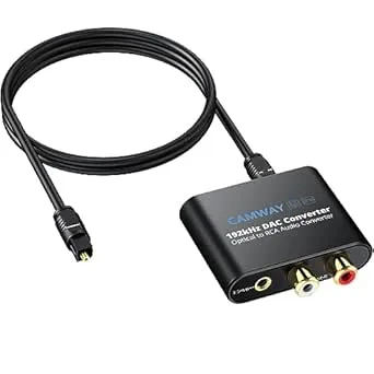 CAMWAY DAC-omvandlare 192 kHz, optisk Toslink till analog RCA och 3,5 mm, med 1 m optisk kabel