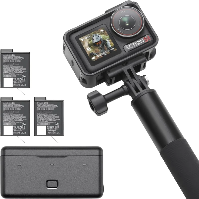 DJI Osmo Action 5 Pro-kombination för äventyr, 4K-actionkamera, 1/1,3-tums sensor, 12 tim längre batteritid med 3 batterier, stabilisering, dubbla OLED-pekskärmar, miniactionkamera för resa, vlogg