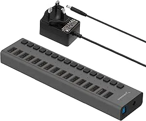 Sabren driven USB-hub, 16-portars 90 W USB 3.2 x 1 dockningsstation, multienhet driven snabb datahub, LED på/av-brytare, monteringsfäste ingår (HB-PU16)