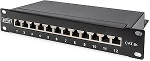 DIGITUS Cat-6A patchpanel – 12 portar – RJ45-uttag – 25 cm rack-mount 1HE – LSA fördelningsfält – skärmad – svart