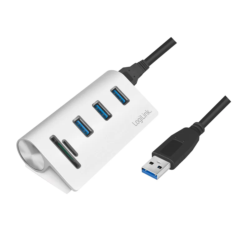 LogiLink CR0045 USB 3.0-hubb med 3 portar och minneskortläsare, silver