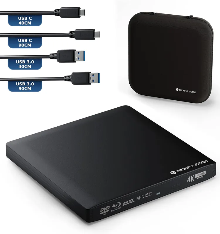 techPulse120 Extern USB 3.1 USB-C UHD 4K 3D-brännare, M-Disc, Blu-Ray, DVD, CD BDXL HDR10, 128 GB, Superdrive Windows macOS Deluxe, aluminium, svart