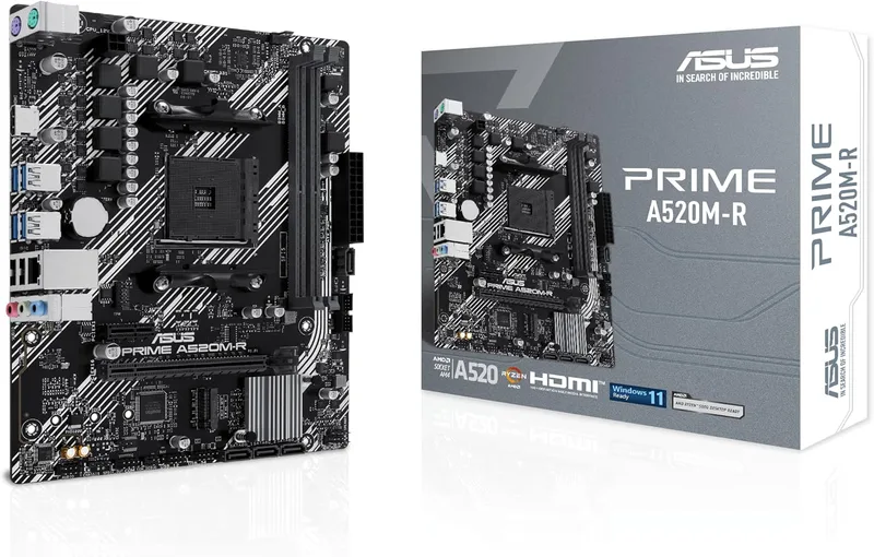 ASUS Prime A520M-R AMD Ryzen AM4 mATX moderkort med M.2-stöd, Realtek 1Gb Ethernet, HDMI, SATA 6 Gbps, stöd för USB 5Gbps bak och fram, Svart