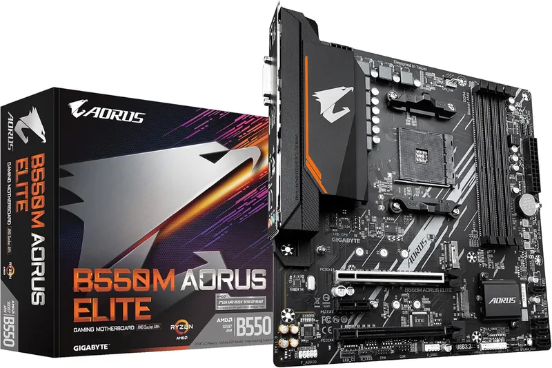 GIGABYTE B550M B550M AORUS ELITE Moderkort, Svart, Brun, 26.97 x 26.8 x 6.78 cm