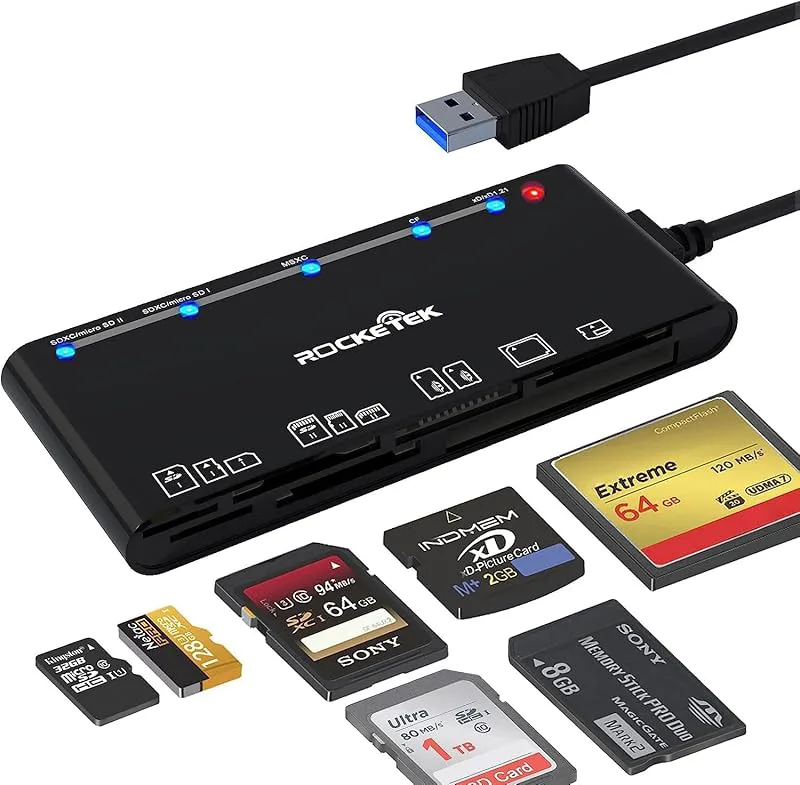 Kortläsare USB 3.0, Rocketek 7-i-1-minneskortläsare, USB 3.0 (5 Gbps) höghastighets-CF/SD/TF/XD/MS/micro-SD-kortlösning allt-i-ett-kortläsare för Wind