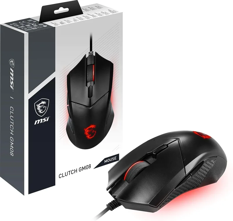 MSI Clutch GM08 USB Symmetrical Gaming Mouse Red LED Optical Sensor PAW 3519 (4200 DPI) with up to 10 ml Clicks, Interch