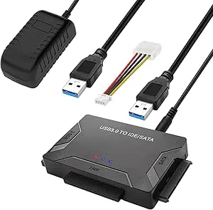 USB IDE- eller SATA-adapter, USB 3.0-hårddiskadapter universell för SATA HDD/SSD och IDE-hårddisk på 2,5/3,5 tum, inkluderar strömadapter på 12 V 2 A och USB 3.0-kabel