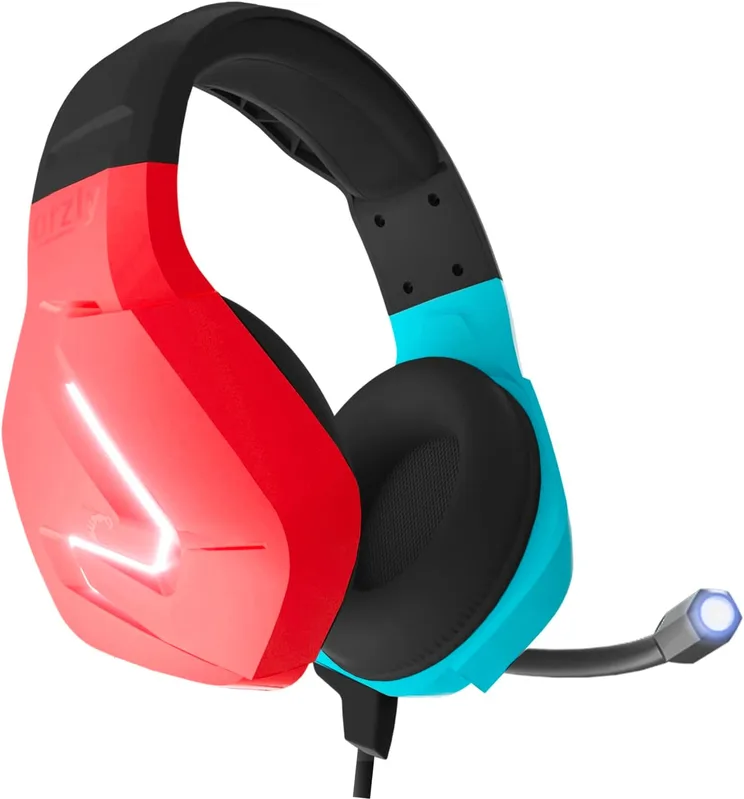 Orzly Gaming Headset med mikrofon för Nintendo Switch OLED och Lite Joycon Färgmatchning med Led Light Mikrofon & fjärrk