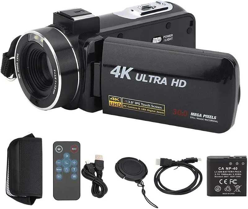 Qiilu Digital videokamera, 4K anti-skaka-kamera foto videokameror högupplöst digital video 18 x zoom 3 tum IPS pekskärm