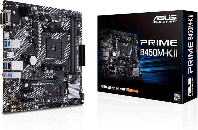 ASUS PRIME B450M-K II AMD B450 (Ryzen AM4) micro ATX-moderkort med M.2-stöd, HDMI/DVI-D/D-Sub, SATA 6 Gbps, 1 GB Ethernet, USB 3.2 Gen 1 Type-A, BIOS flashback