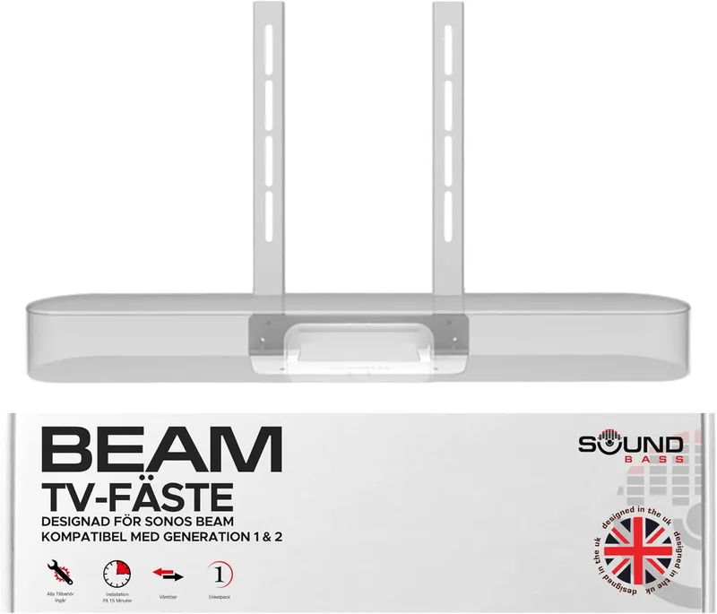 Beam TV Monteringsfäste, Vit, Kompatibel med Generation 1 och 2 Sonos Beam, Innehåller Monteringshårdvara, Brittisk Designad Soundbass Soundbar