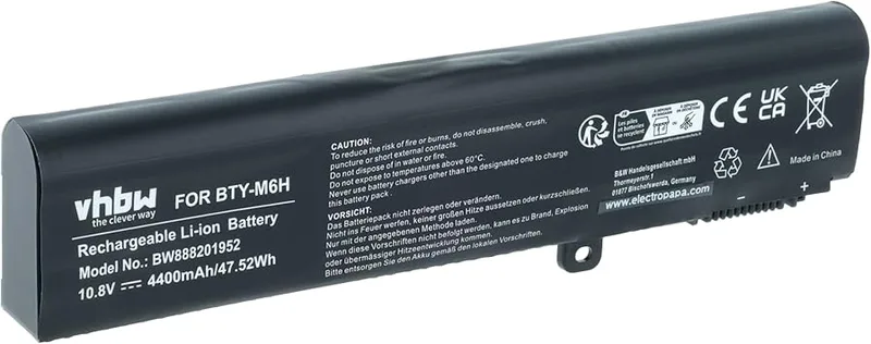 vhbw Batteri ersättning för MSI 3ICR19/66-2, BTY-M6H