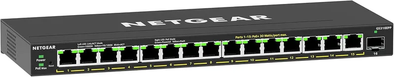 NETGEAR GS316EPP-switch 16 port Gigabit Ethernet LAN PoE Switch Plus (med 15 x PoE 231 W & 1st SFP, hanterad nätverksswitch med IGMP Snooping, QoS, VL