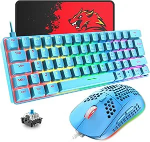 T60 Trådbunden Speltangentbord och Musuppsättning, 60% Kompakt 62 Key Mekaniskt Tangentbord, 19 Rainbow LED-ljus, UK Layout + 6400 DPI PS4 Gaming Mouse + Musmatta för PC, Laptop