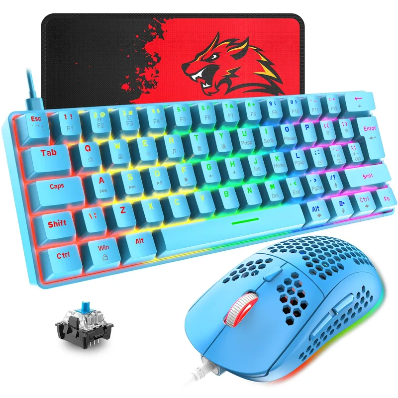 T60 Trådbunden Speltangentbord och Musuppsättning, 60% Kompakt 62 Key Mekaniskt Tangentbord, 19 Rainbow LED-ljus, UK Layout + 6400 DPI PS4 Gaming Mouse + Musmatta för PC, Laptop