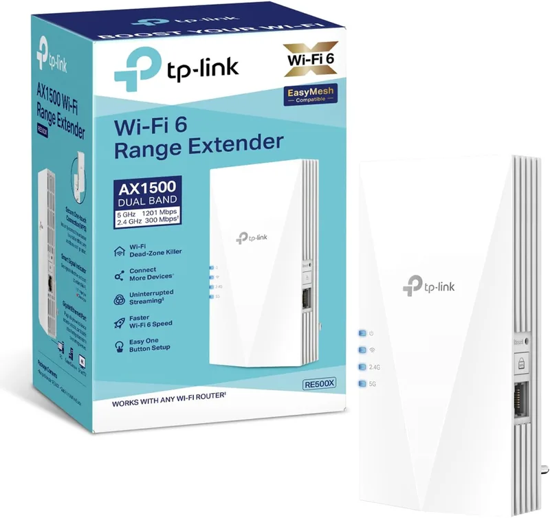 TP-Link RE500X WiFi 6 WLAN Repeater AX1500(Dualband 1200MBit/s 5GHz + 300MBit/s 2,4GHz, Tri-Core 1,5 GHz CPU, Gigabit-port, maximal täckning, kompatibel med alla WLAN-routrar) vit