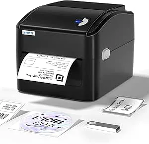 vretti Termisk skrivare, fraktetikettskrivare, termisk etikettskrivare 4 x 6 för fraktetikett, portoetikett, kompatibel med Windows, Mac OS- och Linux-system, med inbyggd pappershållare