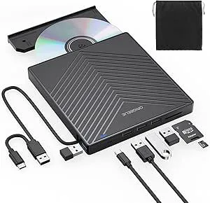 ORIGBELIE Extern DVD-spelare, Ultra Slim USB 3.0 CD-brännare med 4 USB-portar och 2 TF/SD-kortplatser, optisk skiva för Mac-bärbar dator, 8 i 1