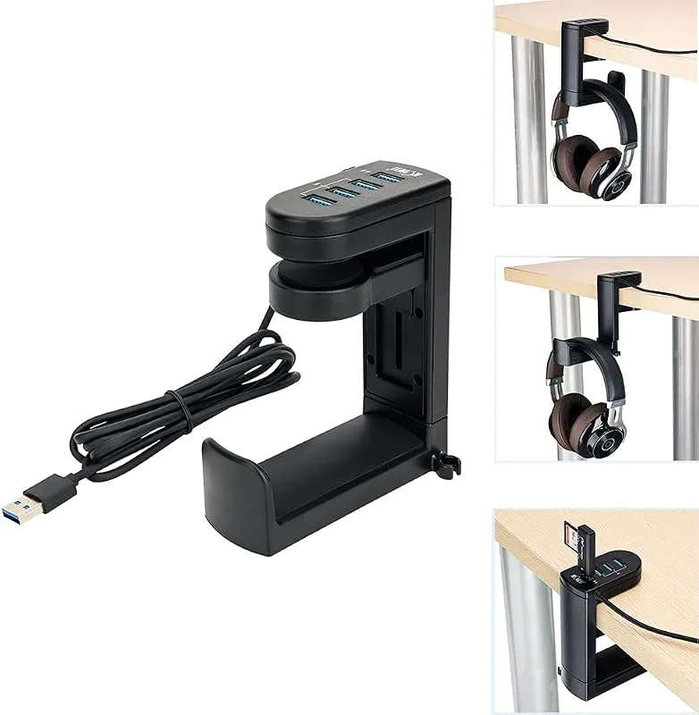 KIWIFOTOS Hörlurshållare USB-hubb, under skrivbord headset, hänghållare, 4 portar (1 3.0 + 3 2.0) och kabelklämma, 360° roterande justerbart fäste för