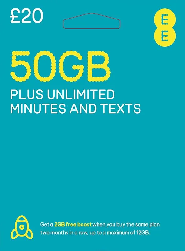 EE 70 GB Data Sim inkluderar 20 £ förbetald kredit