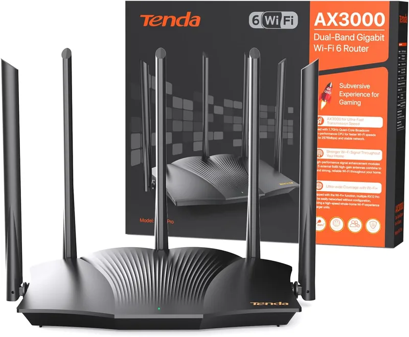 Tenda RX12 Pro Wi-Fi 6 WLAN Router (AX3000 Dual Band 5 GHz: 2402 Mbps 2.4 GHz: 574 Mbps) 5 x 6 dBi High Distribution Ant