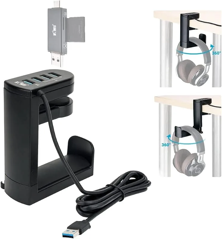 KIWIFOTOS Hörlurshållare med USB-hubb, headsetkrok hängare montering under skrivbord med 4 portar USB-hubbstation höghastighetstrans datatabell organi