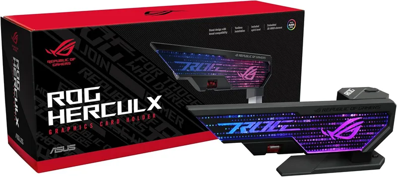 ASUS ROG Herculx Stöd för grafikkort, Verktygslös montering, Bekväm integrerad nivå, Zinklegeringskonstruktion, Justerbar höjd från 72 till 128mm, Aura Sync, Svart
