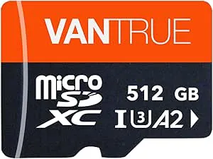 Vantrue 512 GB UHS-I U3 4K microSDXC minneskort med adapter, kompatibelt med Dashcam, smartphone, surfplatta, actionkamera och övervakningskamera (512 GB)