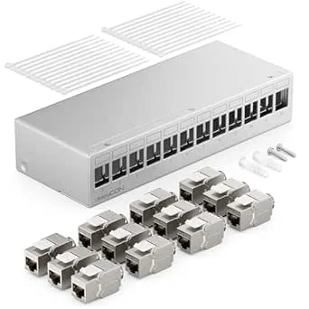 deleyCON 12 Port Patch Panel Set Patch Field Distribution Panel 1U + 12x RJ45 Keystone Jack Module STP CAT6a Kompatibel med Läggningskabel CAT5 CAT6 CAT6a CAT7 Nätverkskabel Ethernet LAN DSL