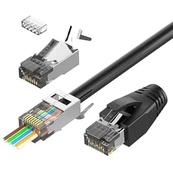 VCELINK RJ45-kontakt Cat 7 Cat6A skärmad nätverkskontakt 8P8C Pass Through Lan Plug POE för installationskabel med gängningshjälp och knäckskydd, svart, 10st