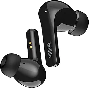 Belkin SOUNDFORM Flow True Wireless-hörlurar med brusneutralisering, Bluetooth, trådlös laddning, IPX5-svett- och vattenbeständiga, 31 tim. speltid, för iPhone, Galaxy, Pixel, Svart En storlek AUC006