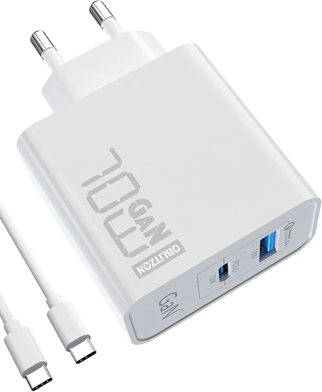 USB C-laddare, 70 W, typ C PD GaN-strömförsörjning med 100 W snabbladdningskabel, 2 USB C-portar strömförsörjning (fungerar med 65 W) för MacBook Pro/Air, Dell XPS 15, Huawei, iPhone