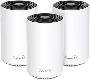 TP-Link Deco XE75 Pro Wi-Fi 6E Mesh WLAN-set (3-pack), AXE5400 Tri-band router och repeater, 2,5G-port, räckvidd upp till 670 m², WPA3, perfekt för stora hus, kompatibel med Amazon Alexa, vit