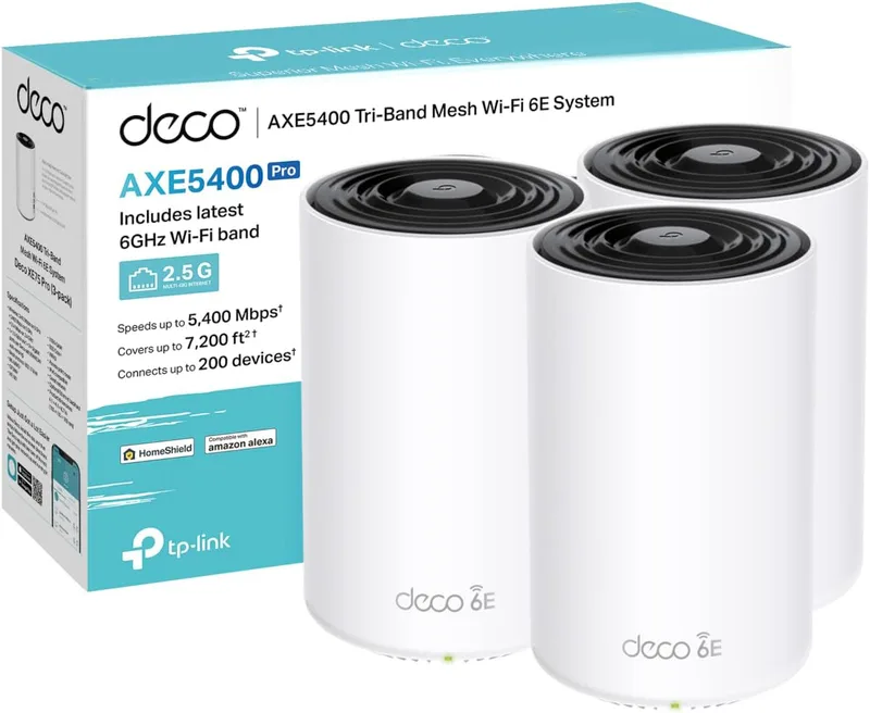 TP-Link Deco XE75 Pro AXE5400 Wi-Fi 6E-nätsystem för hela hemmet, 1 2,5 Gbit/s port + 2 Gigabit-portar, AI-drivet nät, täcker upp till 2 900 m², anslut upp till 200