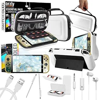 Orzly Accessory Bundle kit för Nintendo Switch Oled Accessories Essentials Pack Fodral och skärmskydd Comfort Grip Cover Hörlurar laddarkabel Spelhållare med mera