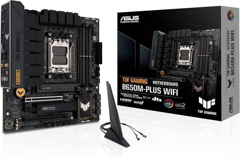 ASUS TUF GAMING B650M-PLUS WIFI moderkortssockel AMD AM5 (Ryzen 7000, micro-ATX, PCIe 5.0, DDR5-minne, 14 strömsteg, USB