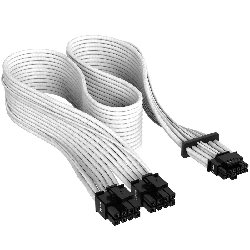 Corsair Premium 600 W PCIe 5.0/Gen 5 12 VHPWR PSU-kabel – passar Type-4 PSU:er via dubbla 8-stifts PCIe – 12 + 4-stiftskontakt – nätparacordhylsa – vit